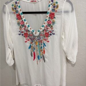 Authentic Johnny Was Embroidered Boho Blouse | Size XS | White Floral V-Neck